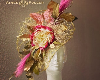 Aimee Fuller Kentucky Derby Fascinator, Royal Ascot Hat, Easter Hat, Fuchsia Hot Pink Gold Floral Peony Flower Melbourne Cup Hat, Del Mar