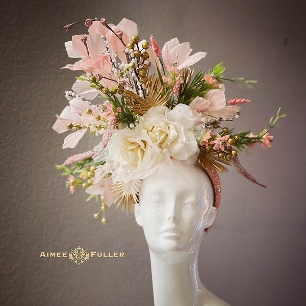Kentucky Derby Fascinator, Pink Floral Fancy Feather Hat, Off-White Gold Palm Leaves High Tea Hat, Royal Ascot Hat, Easter Melbourne Cup Hat