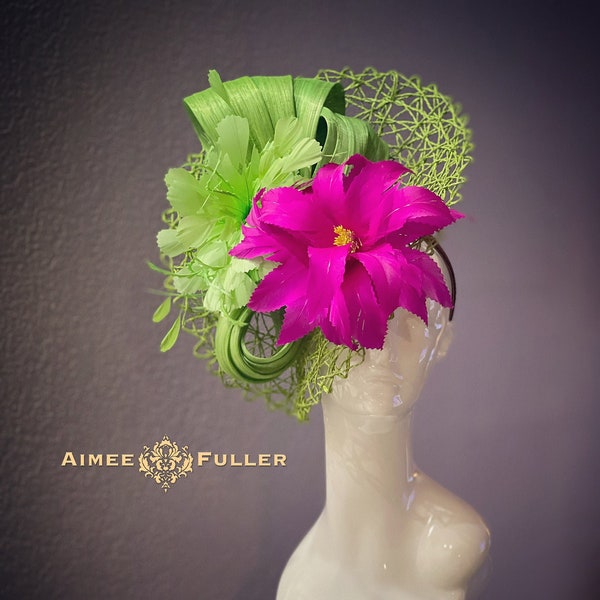 Aimee Fuller Kentucky Derby Fascinator, Lime Green Feather Hat, Apple Green Pink Fuchsia Hat, Del Mar Headpiece, Royal Ascot, Melbourne Cup