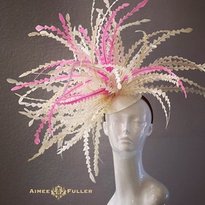 Kentucky Derby Hat Fascinator, Cream and Pink Feather Frenzy Headpiece, Pink Del Mar Royal Ascot Hat Off-White Hat Various Colors Available