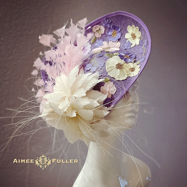 Floral Applique Kentucky Derby Fascinator, High Tea Hat, Lavender Pink Purple Cream Yellow Bridal Hat, Oaks, Royal Ascot, Melbourne Cup Hat