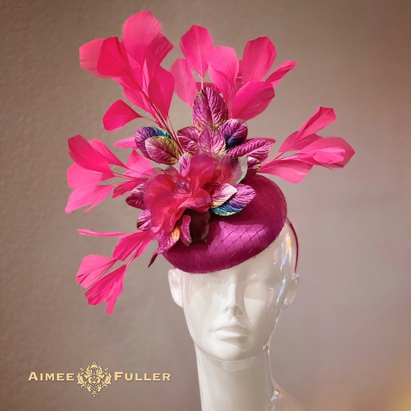 Kentucky Derby Fascinator, High Tea Fascinator, Cocktail, Fuchsia Hot Pink Purple Blue Red Rose Derby Hat, Royal Ascot Fascinator, Easter