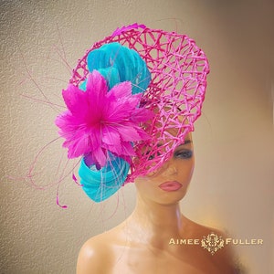 Kentucky Derby Hat Fascinator, Fuchsia Fascinator, Big Derby Fascinator, Turquoise Blue Hat, Royal Ascot Hat, Hot Pink Turquoise Hat Del Mar