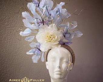 Kentucky Derby Fascinator, Periwinkle Off-White Rose Floral Hat, Butterfly High Tea Hat, Royal Ascot, Easter, Melbourne Cup, Del Mar Hat