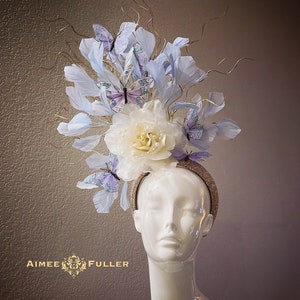 Kentucky Derby Fascinator, Periwinkle Off-White Rose Floral Hat, Butterfly High Tea Hat, Royal Ascot, Easter, Melbourne Cup, Del Mar Hat image 1