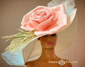 Sombrero de hoja de palma, sombrero de derby de Kentucky de ala grande de crema blanca de té alto, sombrero nupcial de flor de rosa ombre rosa, sombrero de Pascua, sombrero de Ascot real del Mar