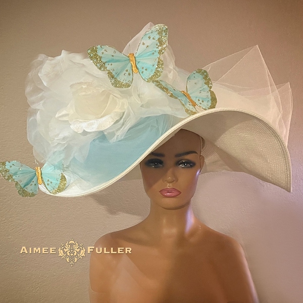 High Tea Ivory White Cream Baby Blue Derby Hat, Kentucky Derby Hats voor dames, Big Butterfly Hat, Easter Hat, Del Mar Hat, Royal Ascot Hat