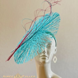 Kentucky Derby Hat Fascinator, Sky Blue Looped Quills Hot Pink Hat, Easter Hat, Del Mar Races Royal Ascot Hat, Preakness, Melbourne Cup Hat