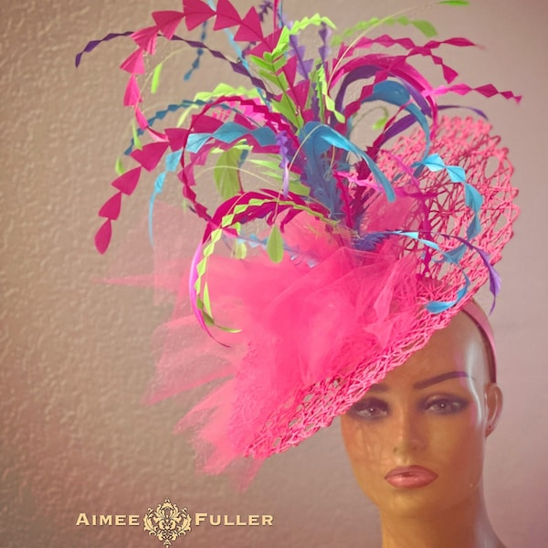 Aimee Fuller Kentucky Derby Hat, Apple Green Hot Pink Fuchsia Purple Turquoise Blue Fascinator, Feathery Headpiece Del Mar Races Royal Ascot