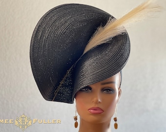 Aimee Fuller Black Tan Beige Royal Ascot Fascinator, Kentucky Derby Hat, Church Melbourne Cup Del Mar Races Opening Day Hat, Preakness Hat