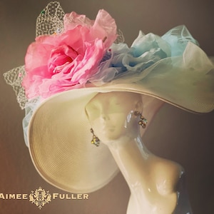 Kentucky Derby Hat, High Tea White Large Brim Hat Giant Pink Flower Bridal Baby Blue Hat, Del Mar, Gala Royal Ascot Hat Melbourne Cup, Polo