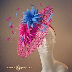 Aimee Fuller Kentucky Derby Fuchsia Hot Pink Blue Feather Bursts Fascinator Hat Del Mar Breeders Melbourne Cup Royal Ascot Bridal