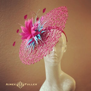 Kentucky Derby Hat, Fuchsia Hot Pink Turquoise Blue Feather Fascinator Del Mar Races Hat, Breeders&#39; Cup Melbourne Cup Hat, Royal Ascot Hat