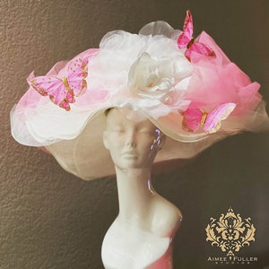 Hot Pink Kentucky Derby Hat, High Tea White Cream Derby Hat, Kentucky Derby Hats for Women, Big Butterfly Hat Pink, Easter Royal Ascot Hat