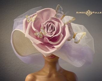 Lavender Kentucky Derby Hat, Pink Rose Hat, White Purple Derby Hat, Kentucky Derby Hats para mujeres, Big Butterfly Hat, Easter Royal Ascot Hat