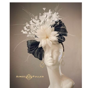 Kentucky Derby Hat Fascinator, Royal Ascot Hat, Black and White Hat, Ivory Off White Cream Feather Bridal Hat, Del Mar Hat, Melbourne Cup