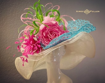 Kentucky Derby Hat, Apple Green Pink White Turquoise Blue Hat, Easter Hat, Del Mar Races Opening Day Hat, Royal Ascot Hat