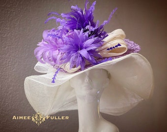 Purple Hot Pink Plum Jeweled Flower Women Kentucky Derby White Hat Wide Brim Purple Hot Pink Plum Jeweled Flower Women Kentucky Derby  main image 3