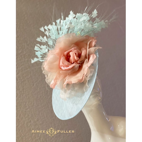 Kentucky Derby Hat, Light Powder Blue Sinamay Salmon Pink Rose Flower Bridal Fascinator, Easter Hat, Del Mar Hat, Big Royal Ascot Hatinator