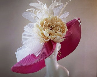 Rosa Kentucky Derby sombrero chicle rosa crema té alto sombrero de ala grande, novia de flor gigante, sombrero de Pascua rosa caliente, carreras del Mar, Royal Ascot