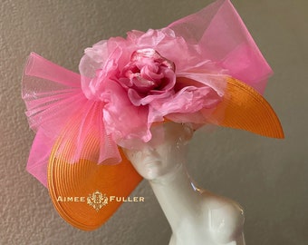 Envío gratis High Tea Orange Hot Pink Derby Hat, Kentucky Derby Hats para mujeres, Kentucky Oaks Hat, Easter Hat, Del Mar Hat, Royal Ascot Hat