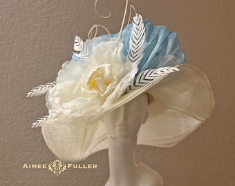 Sombrero Kentucky Derby, sombrero de ala ancha azul claro y crema, sombrero de novia rosa, sombrero de cóctel, sombrero derby blanco marfil, Royal Ascot, sombrero de Pascua