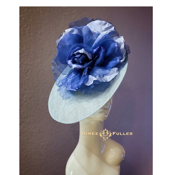 Kentucky Derby Hat, Light Powder Blue Ombre Rose Flower Hat, Bridal Fascinator, Easter Hat, Del Mar Fascinator, Big Royal Ascot Hatinator