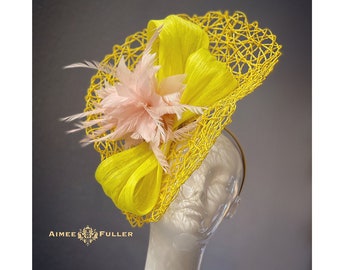 Kentucky Derby Hat Fascinator Yellow Satin With Netting  display picture 2