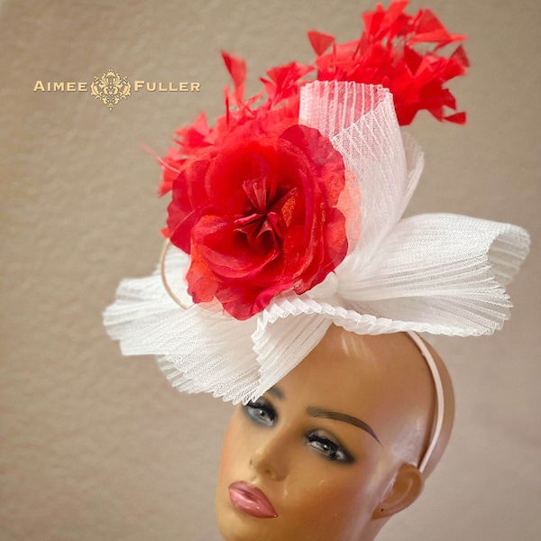 Aimee Fuller Silk Rose Bridal Veil Hat, Bridal Cocktail Hat, Red and White Fascinator, Kentucky Derby Hat, Royal Ascot Melbourne Cup Hat