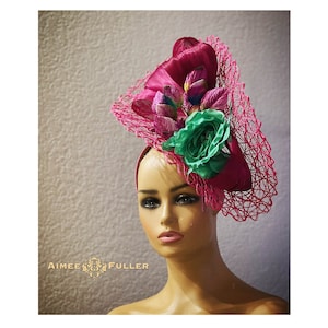 Kentucky Derby Hat Fascinator, Shocking Hot Berry Pink Hat, Silk Sash with Green Silk Rose, Pink and Green Hat, Del Mar Hat, Royal Ascot Hat