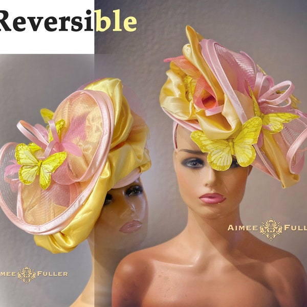 Kentucky Derby Fascinator Hat, Reversible Pink Satin Sash Yellow Feather Butterfly, Del Mar Races Opening Day, Royal Ascot Hat, Bridal Hat