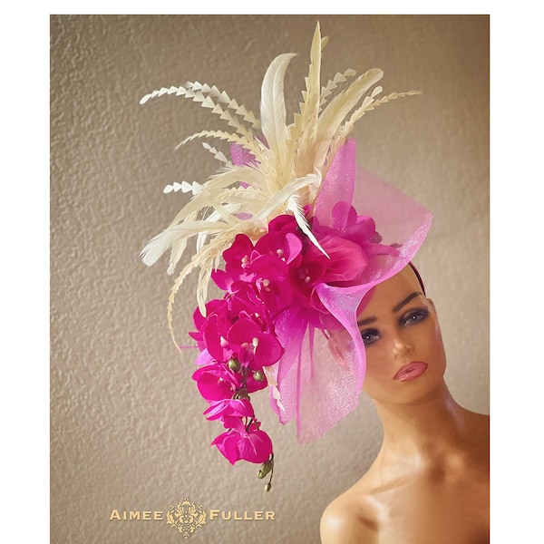 Hot Shocking Pink Fuchsia Fascinator, Big Kentucky Derby Hat, Orchid Flowers High Tea, Royal Ascot Hat, Del Mar, Melbourne Cup, Galas Church