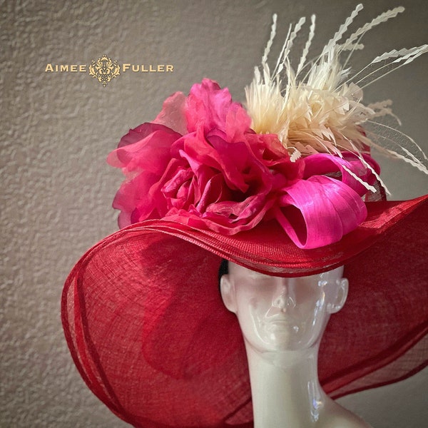 Kentucky Derby Hat, Red Hot Pink Cream Wide Brim Hat, Fuchsia Rose Bridal Hat, Kentucky Oaks Hat, Royal Ascot Hat, Easter Hat, Women's Hat