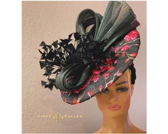 Aimee Fuller Kentucky Derby Hatinator Hat, Hot Pink Fuchsia Gold Black Royal Ascot Large Fascinator, Sombrero de novia, Sombrero de carreras Del Mar, Pascua