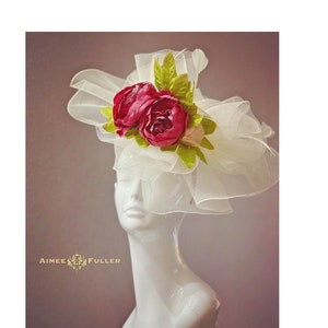 Kentucky Derby Hat, Dark Hot Pink Cream Off White Royal Ascot Hat Fascinator, Kentucky Oaks Hat, Floral Pink Easter Hat Church Del Mar Races
