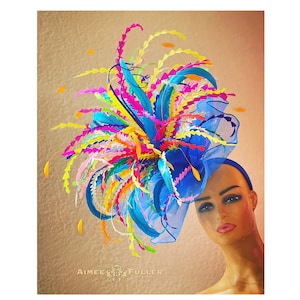 Aimee Fuller Kentucky Derby Fascinator, Rainbow Colors Royal Blue Yellow Hot Pink Fuchsia Feather Frenzy Headpiece, Del Mar Hat, Royal Ascot