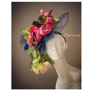 Kentucky Derby Hat, Navy and Pink Royal Ascot Hat Fascinator, Hot Pink Kentucky Oaks Hat, Pink Floral Hat, Church, Del Mar Opening Day Hat