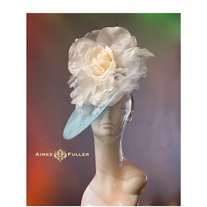 Kentucky Derby Hat, Light Powder Blue Sinamay White Rose Flower Fascinator, Bridal Fascinator, Easter Hat, Del Mar Hat, Big Royal Ascot Hats