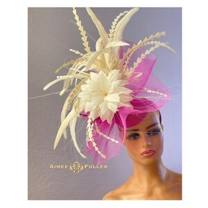 Kentucky Derby Hat Fascinator, Royal Ascot Hat Fascinator, Fuchsia Hot Pink Cream Melbourne Cup Hat, Del Mar Races Hat, Hot Pink Bridal Hat