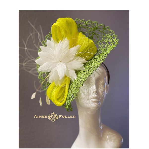 Aimee Fuller Kentucky Derby Fascinator, Lemon Lime Feather Hat, Olive Green Yellow Cream Del Mar Headpiece, Royal Ascot Hat, Melbourne Cup