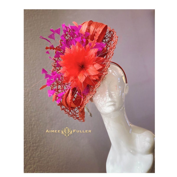 Kentucky Derby Fascinator, Royal Ascot Fascinator, Bright Red Hot Pink, Bridal Hat, Easter Hat, Del Mar Races Hat, Melbourne Cup, Preakness