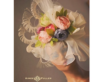 Braut Schleier Hut, Pastell Regenbogen Pfingstrose Kentucky Derby Hut, Lila Rosa Blau Creme Off-White Royal Ascot Fascinator Hut, Del Mar Preakness Hut