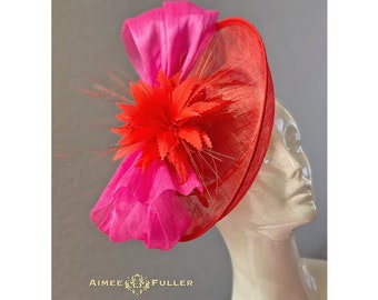 Kentucky Derby Fascinator Royal Ascot Saucer Hat Fuchsia Hot Red Silk Bridal Church High Tea Del Mar Races Breeders Cup Pacific Classic