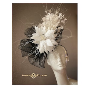 Kentucky Derby Hat Fascinator, Royal Ascot Hat, Black and White Hat, Ivory Off White Cream Feather Bridal Hat, Easter, Del Mar Melbourne Cup