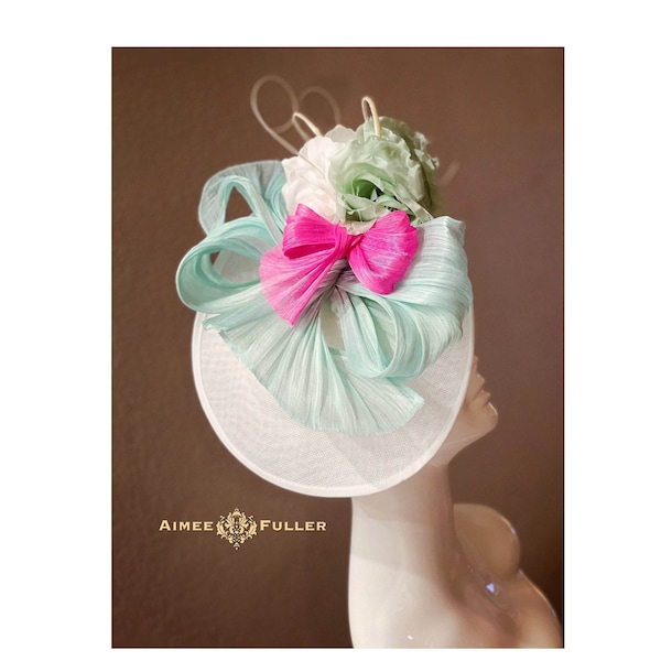 Mint Green Bridal Fascinator, Hot Pink Bow Kentucky Derby Fascinator, White Floral Headpiece, Del Mar, Royal Ascot, Melbourne Cup Fascinator