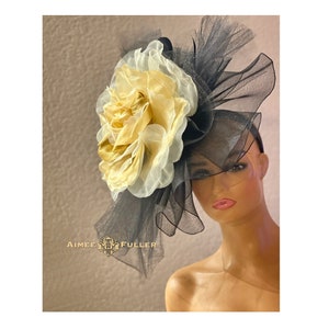 Kentucky Derby Hat Fascinator, Black Royal Ascot Hat Fascinator, Floral Golden Cream Bridal Hat, High Tea Hat, Del Mar Races Opening Day Hat