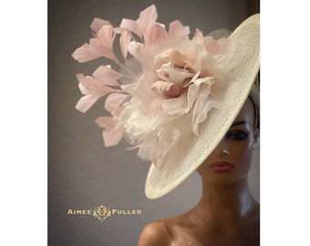 High Tea Cocktail Hat, Pink Rose Fascinator, Cream Off-White Ivory Bridal Hat, Kentucky Derby Hat, Royal Ascot Hat, Easter Fascinator