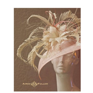 Kentucky Derby Hat, Light Pink Peach Sinamay Cream Feathers Bridal Fascinator, Easter Hat, Del Mar Royal Ascot Fascinator, Melbourne Cup Hat