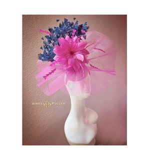 Kentucky Derby Hat, Navy Blue Royal Ascot Fascinator, Feathered Hot Pink Fuchsia Derby Hat, Bridal, High Tea, Blue Melbourne Cup Hat, Easter