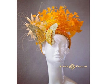 Kentucky Derby Fascinator, Orange Feather Hat, Gold Butterfly High Tea Hat, Peach Royal Ascot Hat, Melbourne Cup Hat, Church, Del Mar Hat